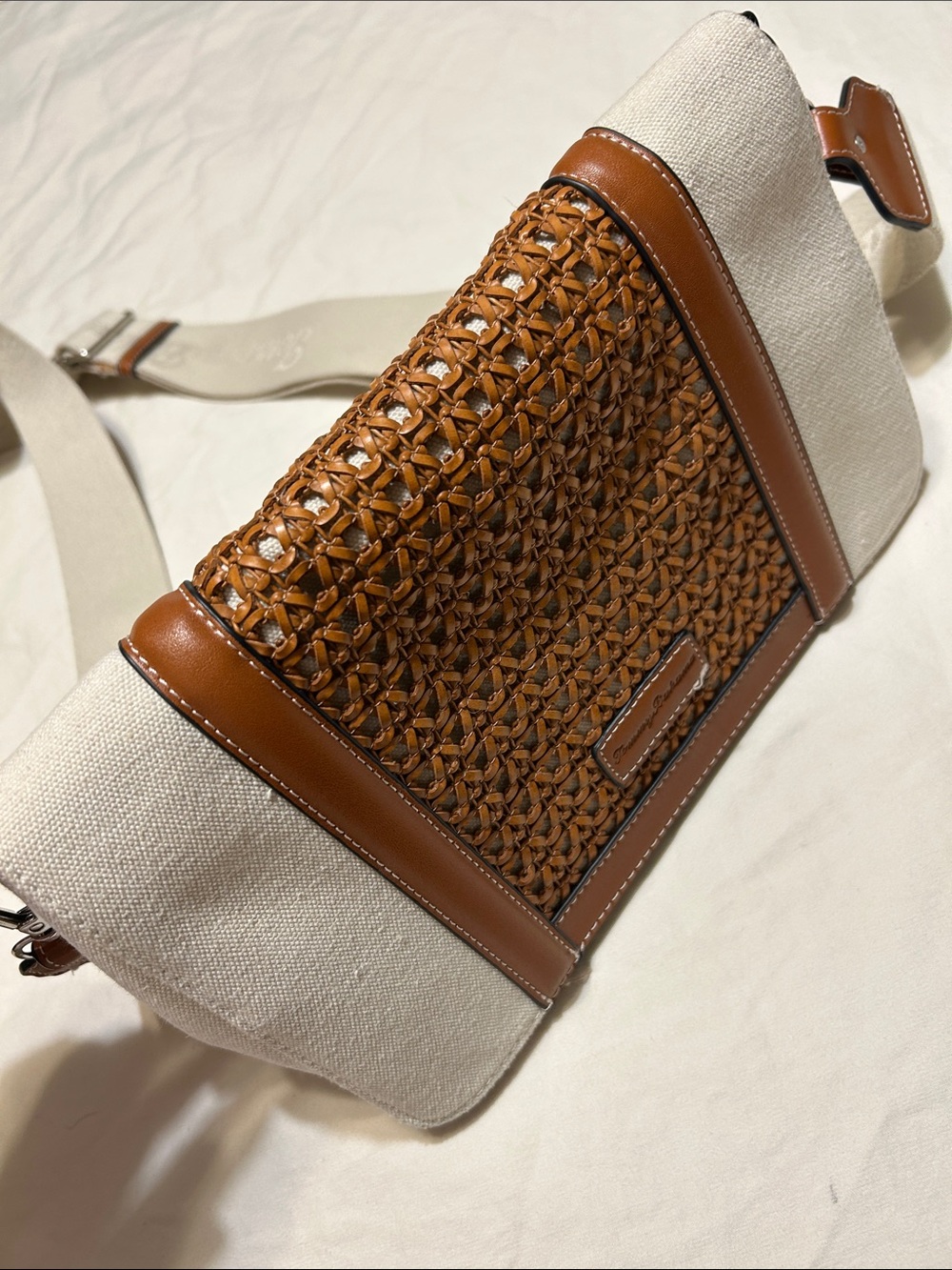 Tommy Bahama Woven Leather and Cream Canvas Crossbody